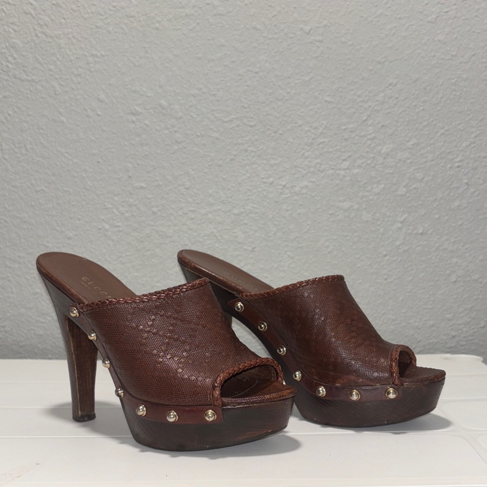 GUCCI Imprimé Pattern Brown Platform Leather Mules Size 6 US/36 EU